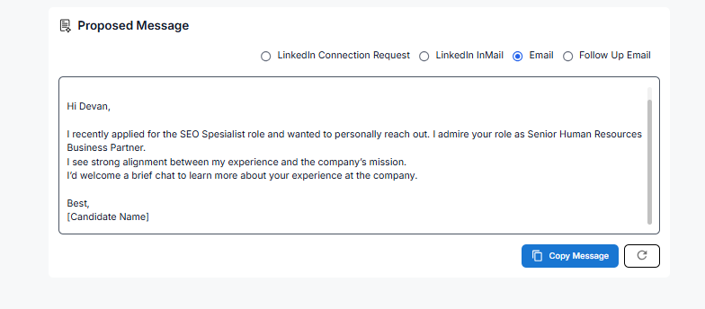 Example of AI-generated outreach email template designed to reach hiring managers directly and start a conversation.