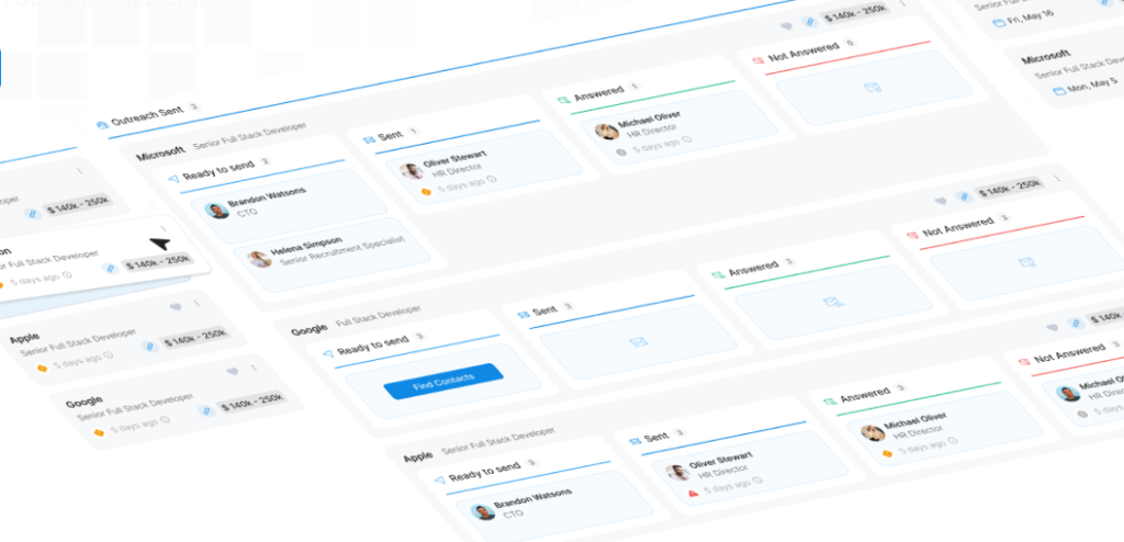 Visual of HirePilot outreach board tracking messages sent, answered, and pending to hiring managers.