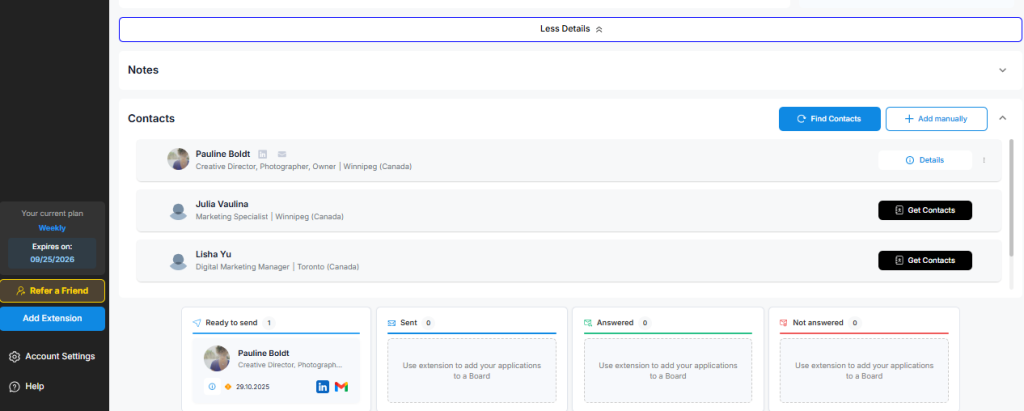 Dashboard showing outreach and networking tools in a job search strategy to help you get more interviews.