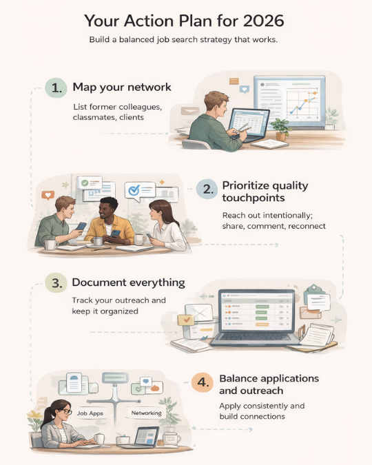 Networking action plan for 2026 showing steps to map connections, prioritize touchpoints, track referrals, and balance applications with outreach.