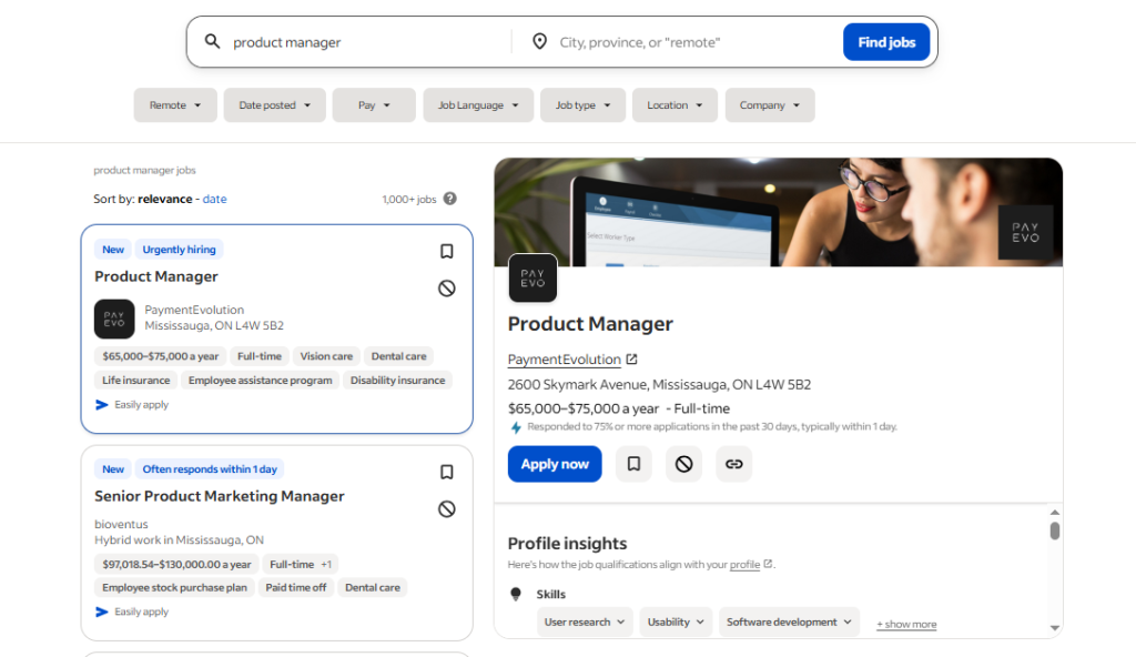 Indeed job listing page displaying Product Manager roles, salary insights, and company details. Best Job Boards comparison for online job search.