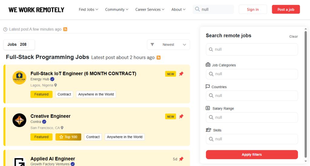 We Work Remotely interface showing remote programming and engineering jobs. Best Job Boards for remote work.