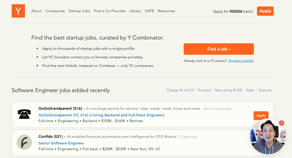 Y Combinator job board showing startup engineering and product roles. Best Job Boards for startup and tech career paths.