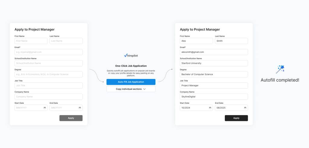 Automate job apply with HirePilot autofill extension filling job application form automatically