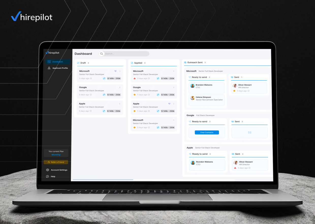 HirePilot dashboard on a laptop displaying a job application tracker, illustrating key job application tracker benefits such as organized workflows and clear progress tracking.