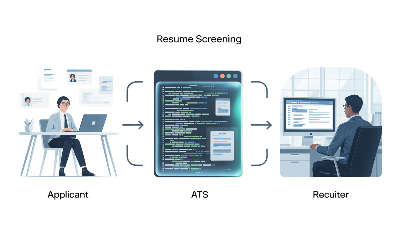 Visual diagram of an ATS applicant tracking system showing how resumes move from applicant submission through ATS scanning and filtering to recruiter review.