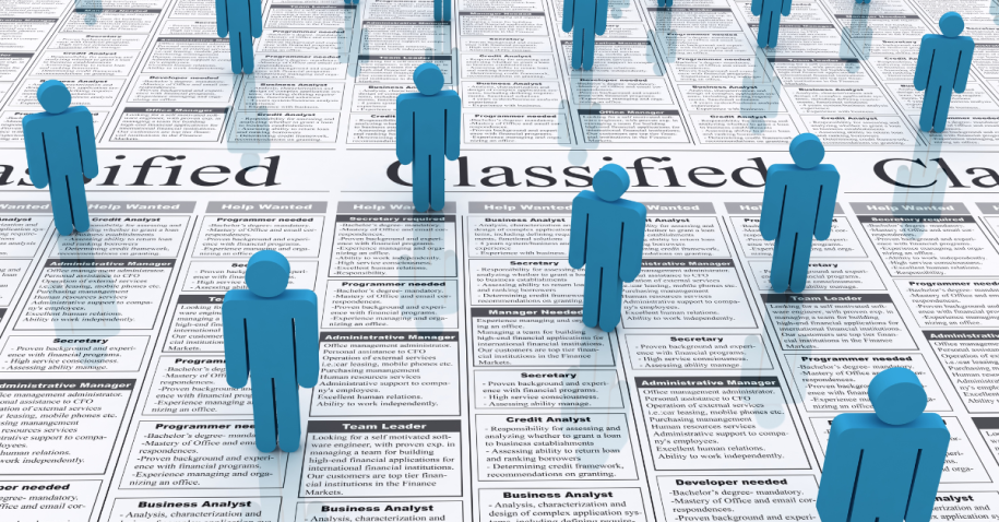 Conceptual illustration of job seekers standing on a newspaper classified section, symbolizing the competitive job market and the challenge of standing out among many applicants.