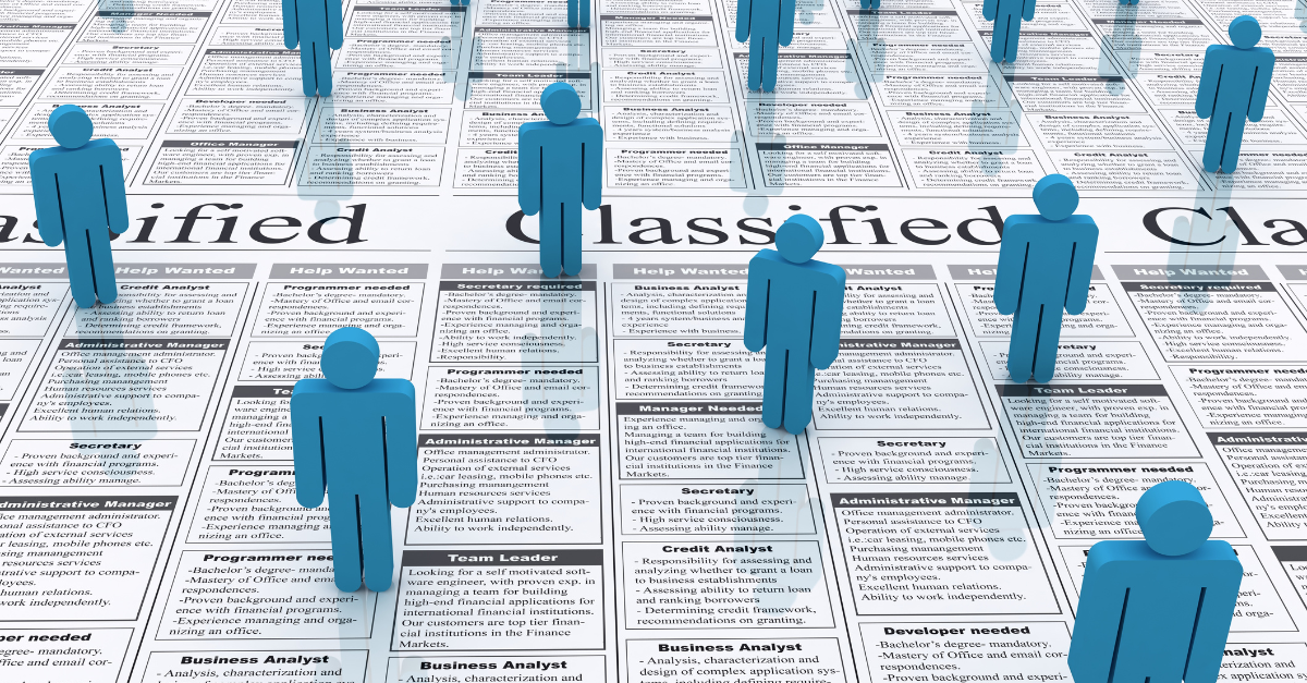 Conceptual illustration of job seekers standing on a newspaper classified section, symbolizing the competitive job market and the challenge of standing out among many applicants.
