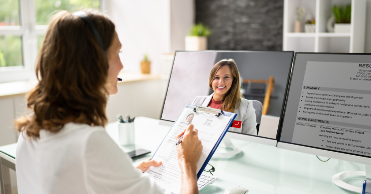 Confident job seeker speaking during a video interview, showing calm and professional posture.