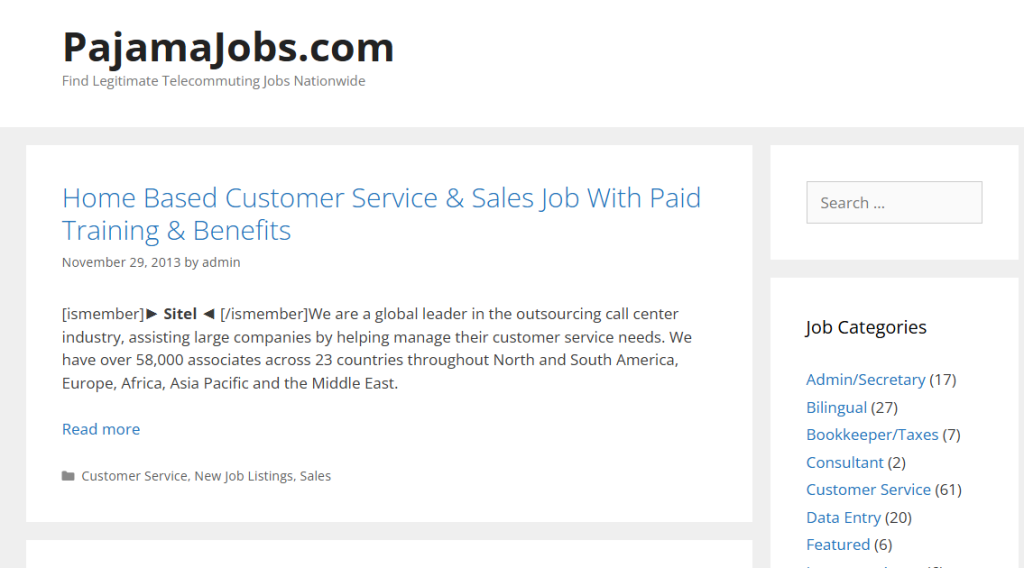 PyjamaJobs AI job search site listing remote work opportunities and flexible online job applications.