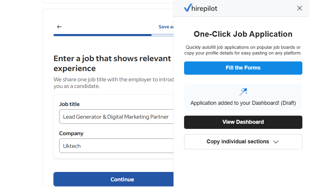 HirePilot auto-fill tool entering job details on an online application form, helping users Apply for Jobs Online quickly with job search tools and automated field completion.