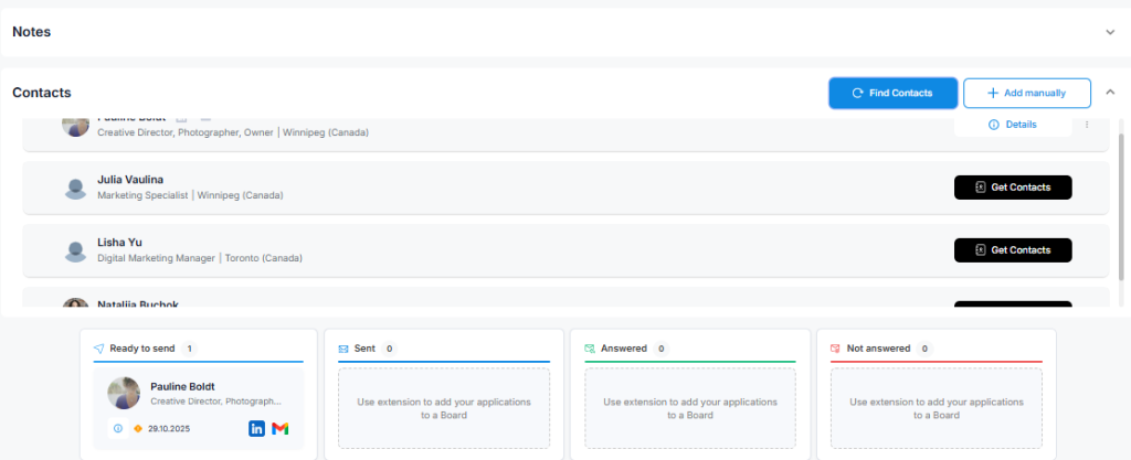 HirePilot Job Tracker contact management panel displaying recruiter emails, message status, and follow-up tracking.