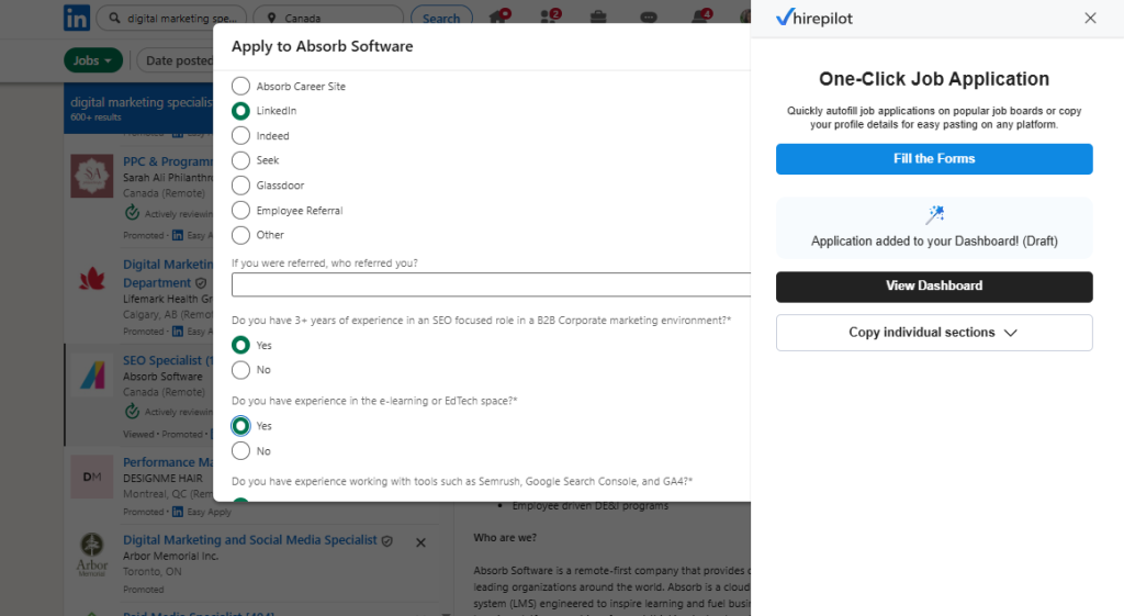 HirePilot Application Auto-Fill in action – one-click job application
