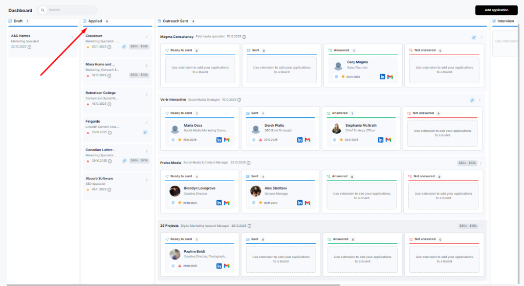 HirePilot Application Auto-Fill dashboard showing organized job applications in pipeline view