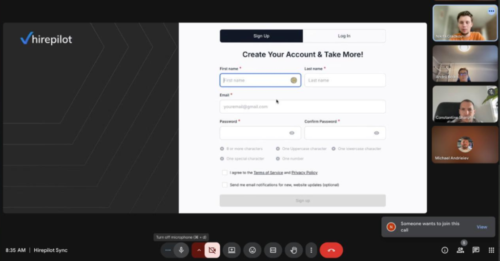 HirePilot founders on a video call reviewing user feedback and discussing HirePilot reviews while showing the account signup screen.