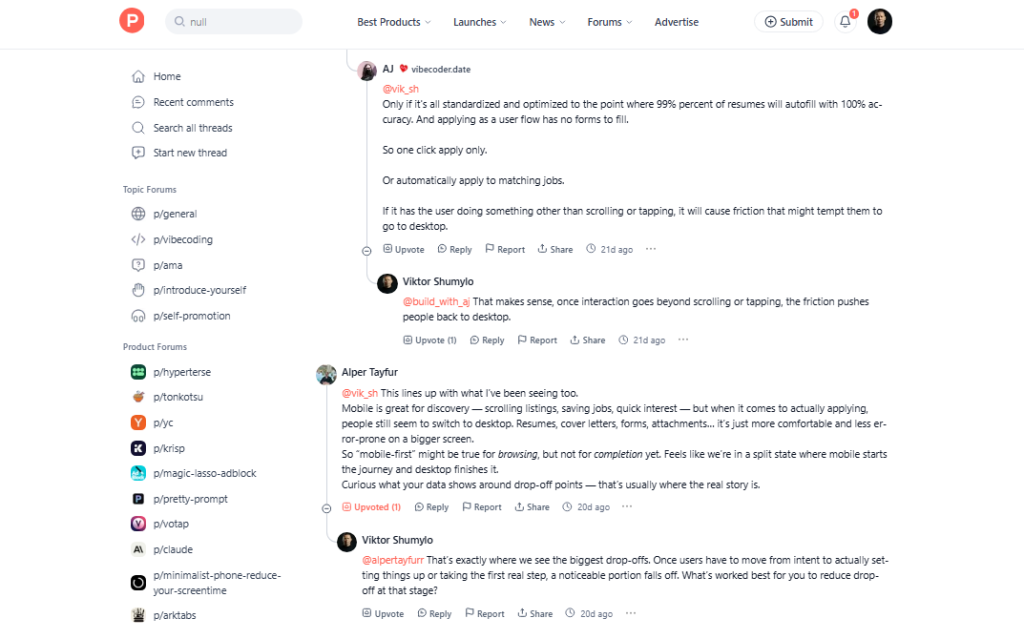 Product Hunt discussion about applying for jobs on mobile and real user behavior
