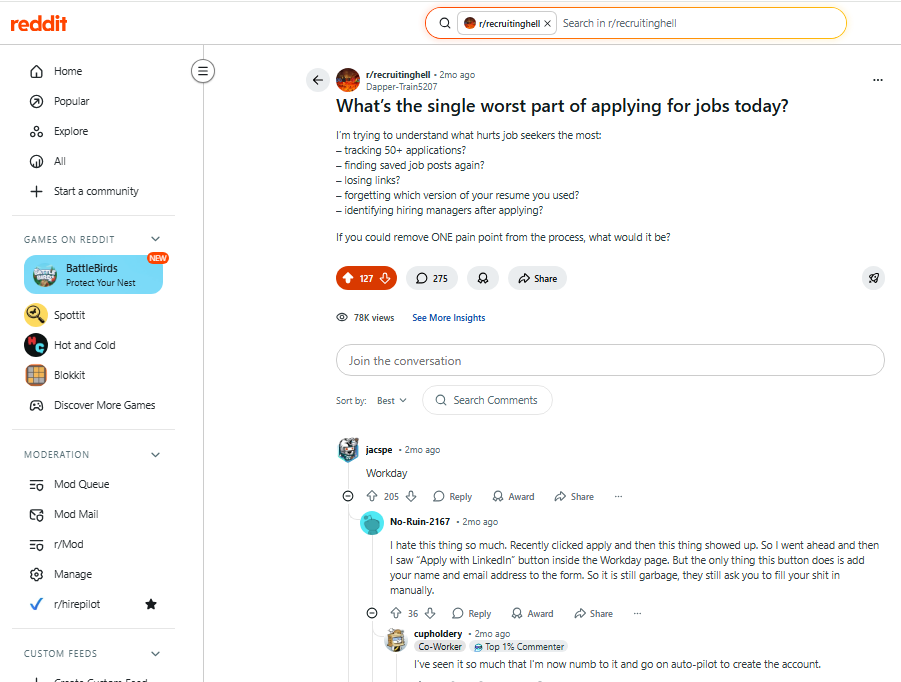 Reddit discussion about Workday application status frustration in  subreddit