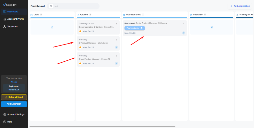 Job application tracking dashboard showing centralized candidate-controlled tracking system across multiple employers