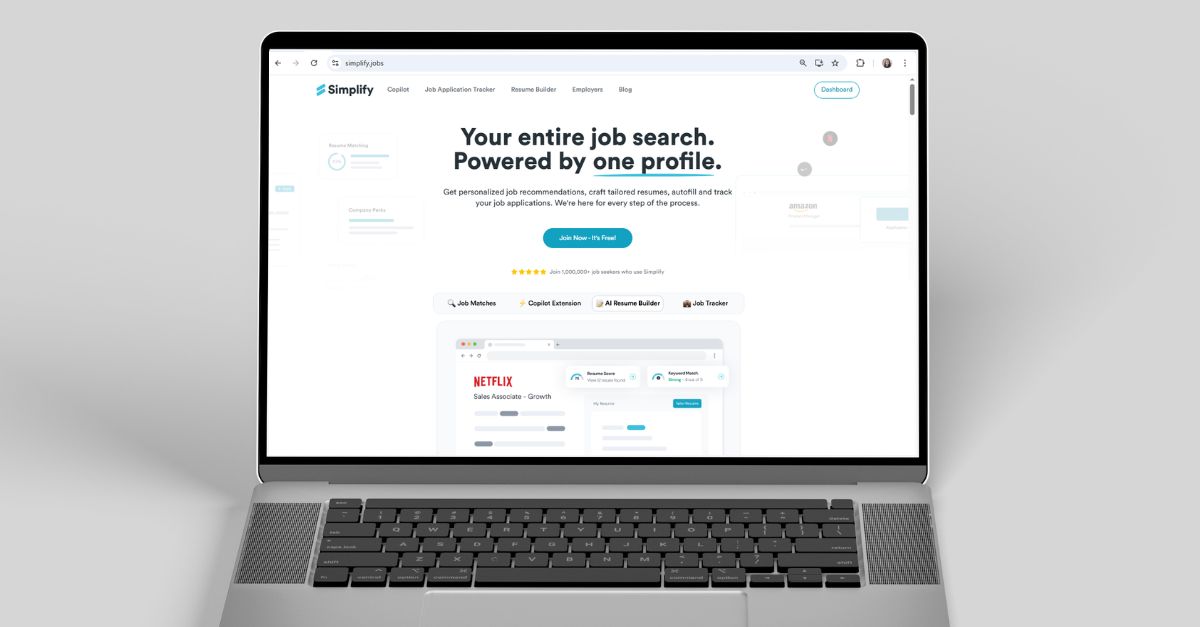 Simplify extension review: job search platform homepage showing autofill and job tracker features