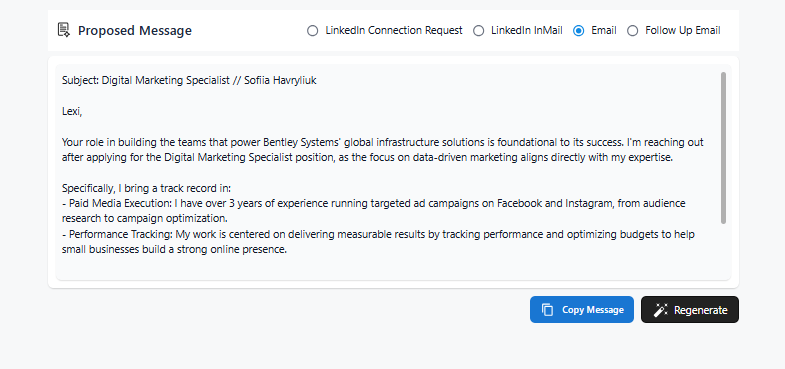 How to message a recruiter on LinkedIn and email, HirePilot generated outreach email with subject line and low-pressure closing question