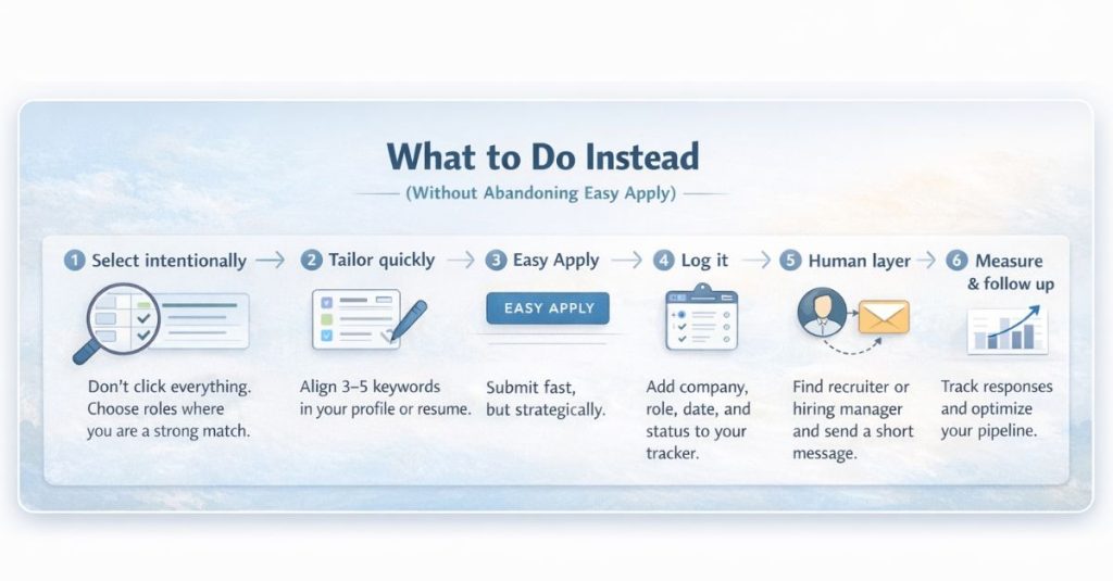 Structured LinkedIn Easy Apply workflow with tracking and recruiter outreach steps