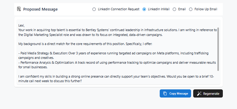 How to message a recruiter on LinkedIn via InMail, HirePilot generated message with skill-matched body and role-specific details for the target role