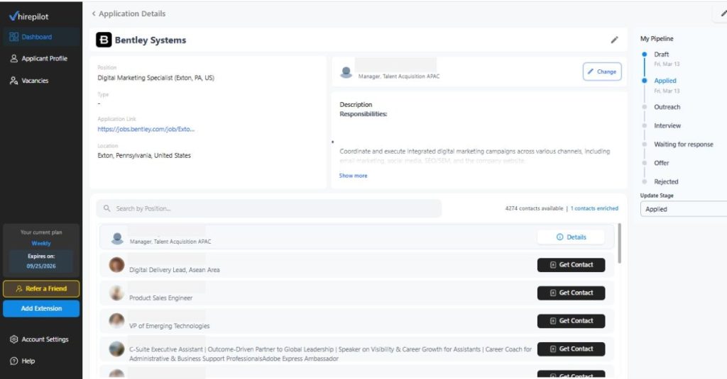 How to message a recruiter on LinkedIn using HirePilot, showing a contact list for a Digital Marketing Specialist role at company with talent acquisition manager and department leads