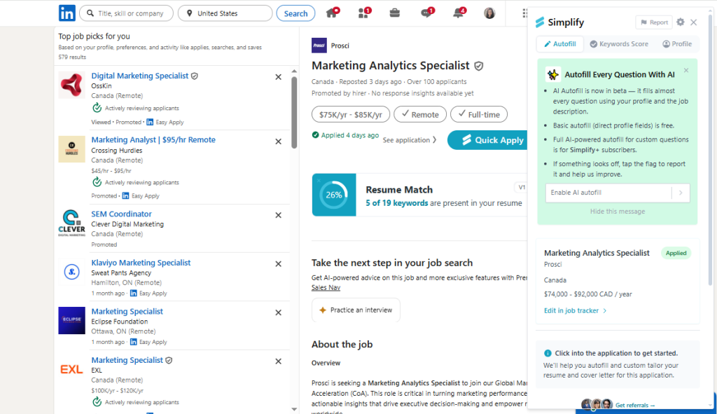 Simplify extension open on LinkedIn Easy Apply job listing with autofill panel