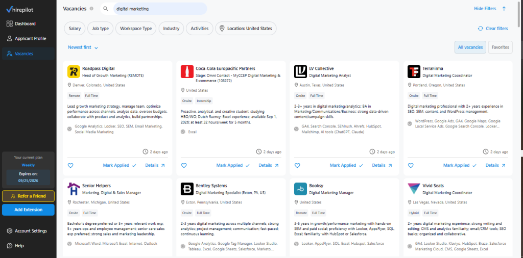 How to get a job fast with HirePilot job board showing fresh listings filtered by newest first