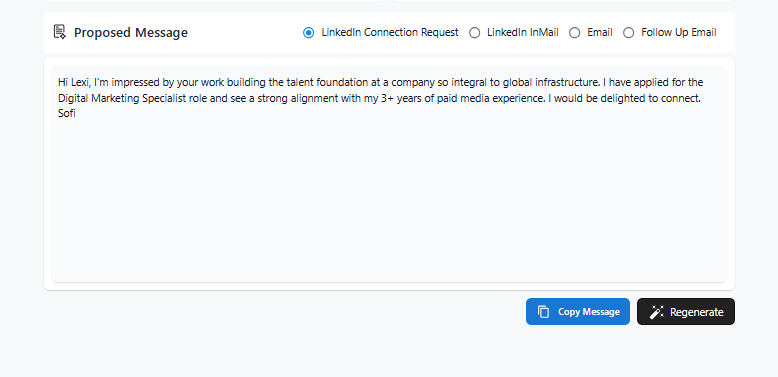 How to message a recruiter on LinkedIn, HirePilot generated connection request personalized to the recruiter's background and role